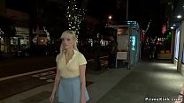 Busty mistress public d. hot blonde with panties down on her knees outdoors then gagged and fucked in shop